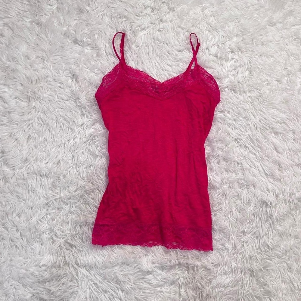 y2k hot pink crinkle lace trim tank top medium